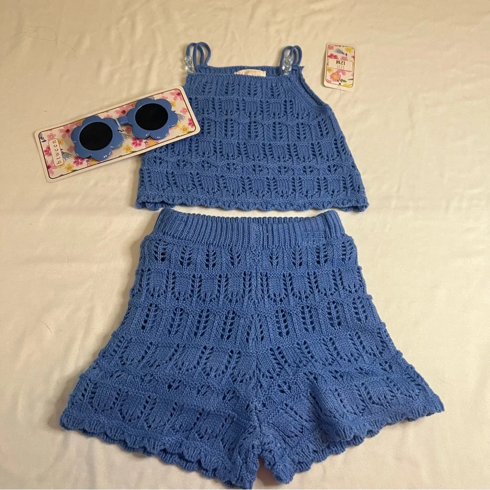 NWT Btween Baby Girls 2PC Crochet Set Blue Shorts & Camisole Top 12M Sunglasses